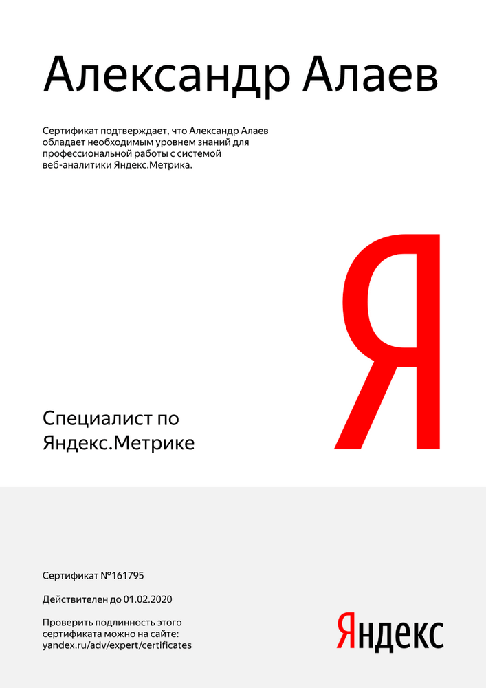 №161795, Александр Алаев, сертфицированный специалист Яндекс.Метрика